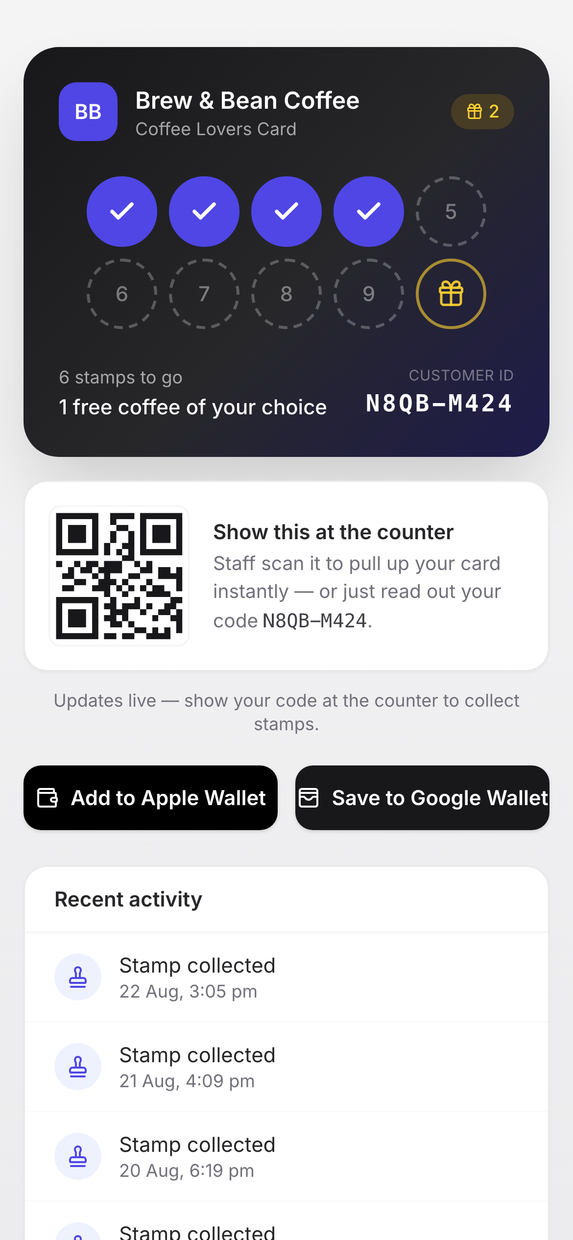 A Stamposa customer loyalty card on a phone with stamps, QR code and wallet buttons