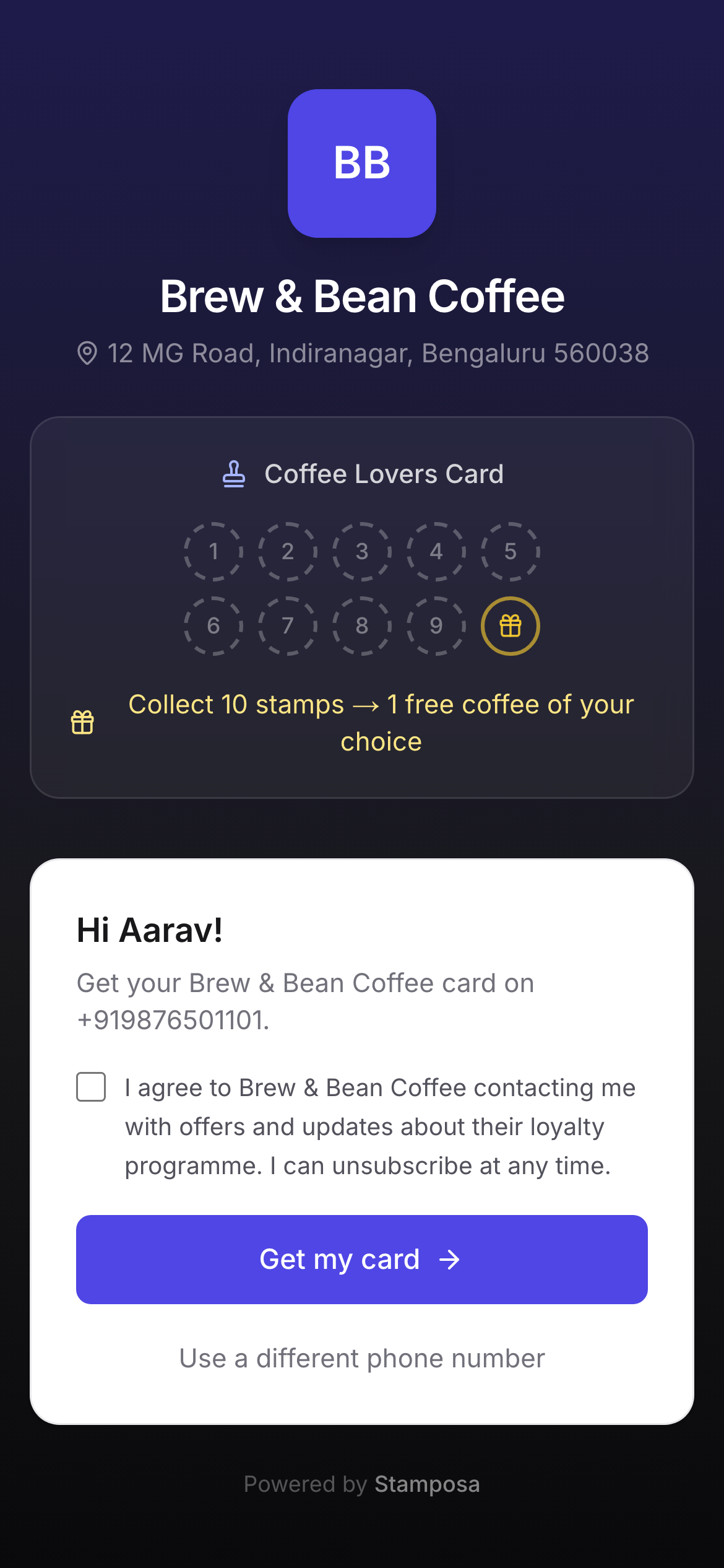 The Stamposa join page a customer sees after scanning the shop’s QR code