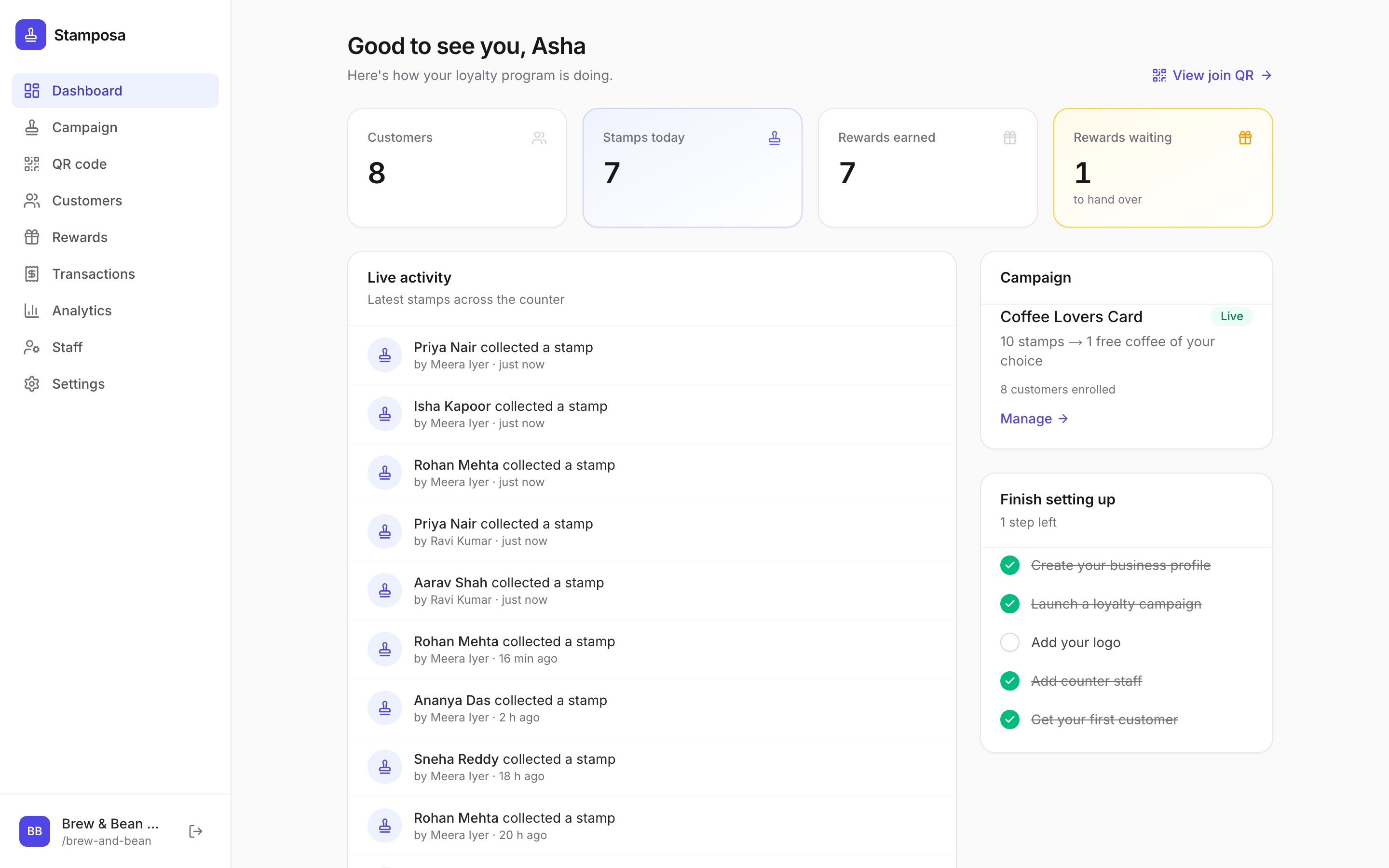 Stamposa merchant dashboard showing today’s stamps, live activity and campaign status